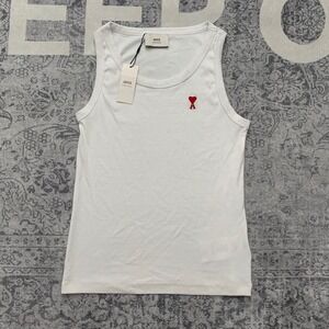 Ami Paris Tank Top Mens Large White  Ami de Coeur Heart Ribbed Vest UTK001